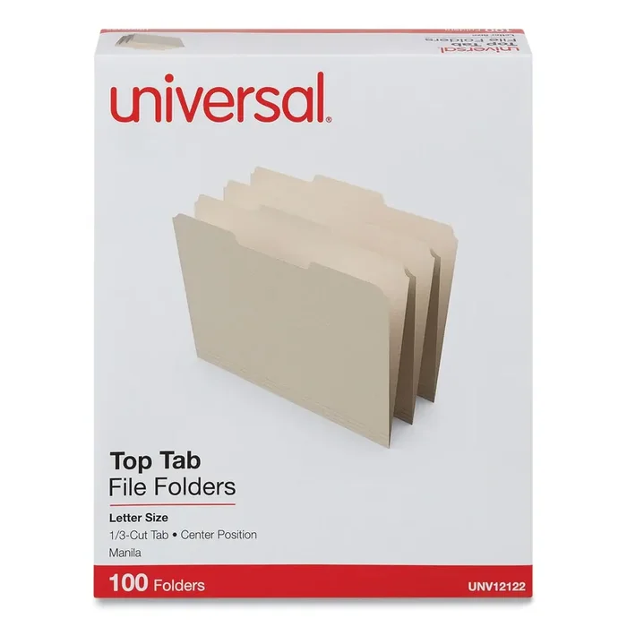 Universal® Top Tab File Folders, 1/3-Cut Tabs Center Position, Letter Size, 0.75″ Expansion, Manila, 100/Box