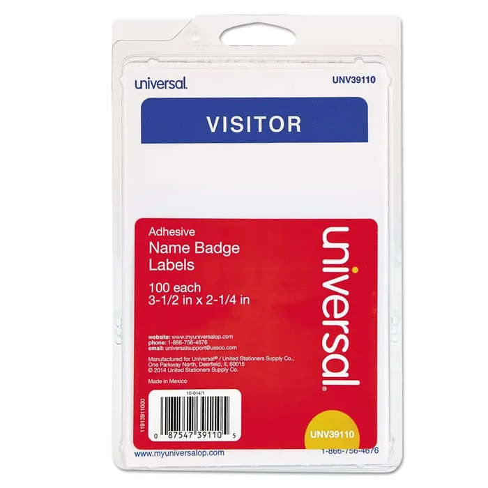Universal® Visitor Self-Adhesive Name Badges, 3.5 x 2.25, White/Blue, 100/Pack