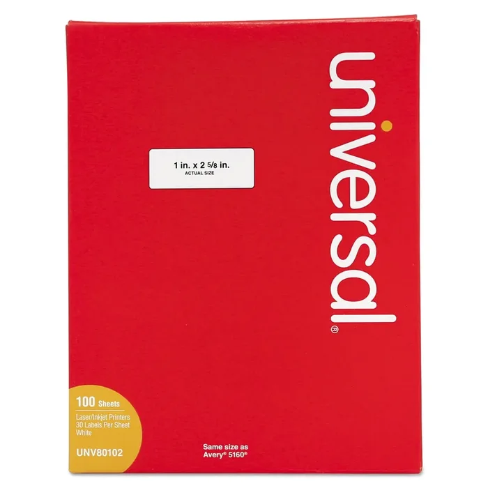 Universal® White Labels, Inkjet/laser Printers, 1 X 2.63, White, 30/sheet, 100 Sheets/box