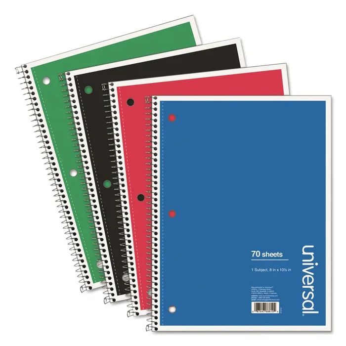 Universal® Wirebound Notebook, 1-Subject, Medium/College Rule, Assorted Cover Colors, (70) 10.5 x 8 Sheets, 4/Pack