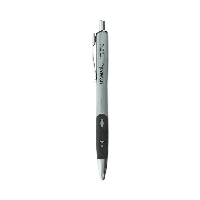Universal™ Comfort Grip Gel Pen, Retractable, Medium 0.7 mm, Black Ink, Gray/Black/Silver Barrel, 36/Pack