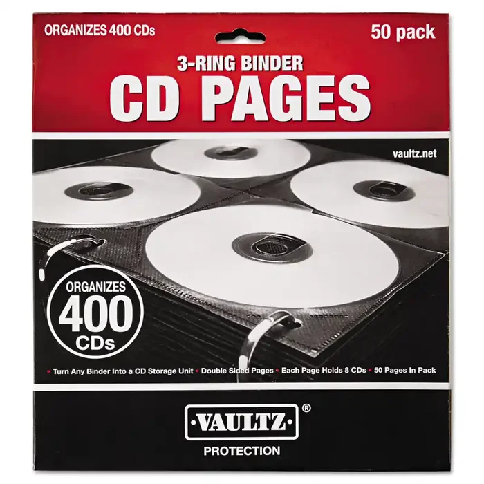 Vaultz® Two-Sided CD Refill Pages for Three-Ring Binder, 8 Disc Capacity, Clear/Black, 50/Pack