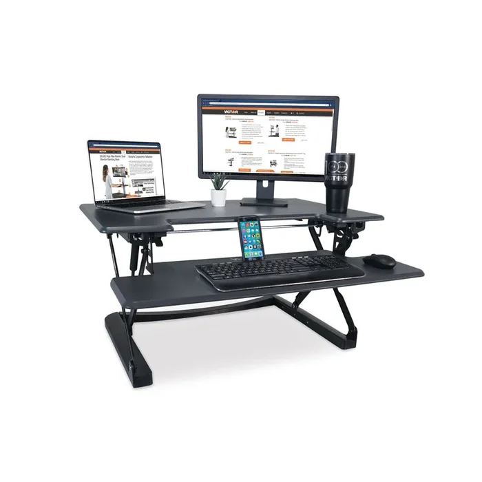 Victor® High Rise Height Adjustable Standing Desk With Keyboard Tray, 36″ X 31.25″ X 5.25″ To 20″, Gray/black