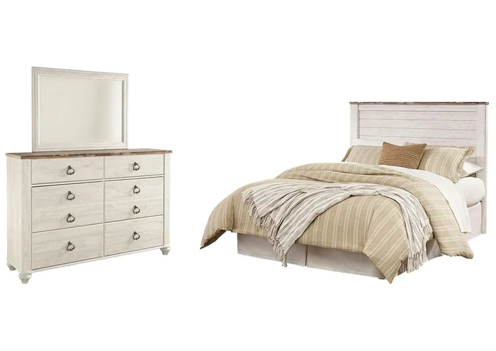 Willowton Queen/Full Panel Headboard Bed with Mirrored Dresser
