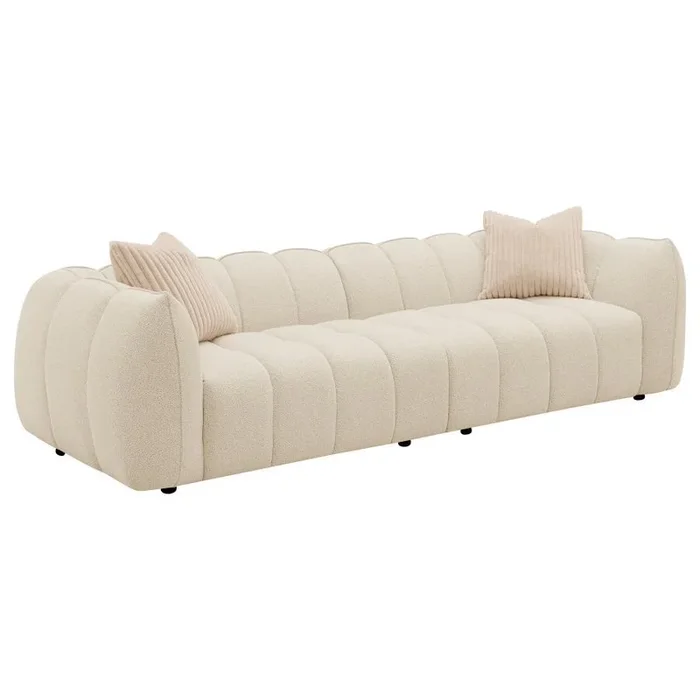 Winchester Boucle Upholstered Extra Long Sofa in Sand Pebble – Modern Oversized Couch with Plush Channel Tufting, Wide Arms & Accent Pillows