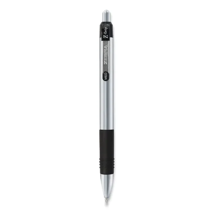 Zebra® Z-Grip Metal Ballpoint Pen, Retractable, Medium 1 mm, Black Ink, Silver/Black Barrel, 12/Pack