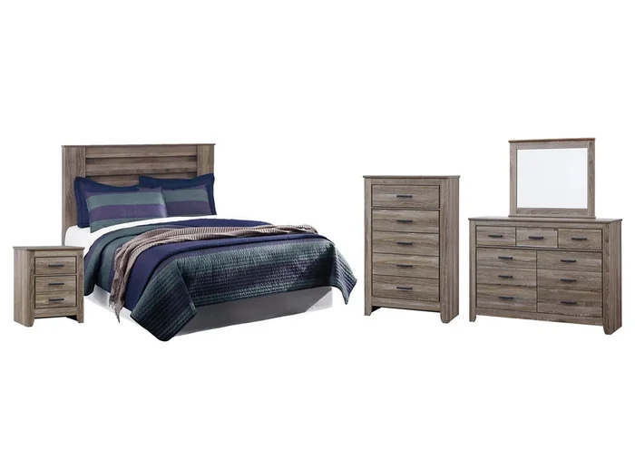 Zelen Queen/Full Panel Headboard Bed with Mirrored Dresser, Chest and Nightstand