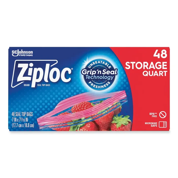 Ziploc® Double Zipper Storage Bags, Triple System Seal, Quart, 9.63″ x 8.5″, Clear, 48/Box