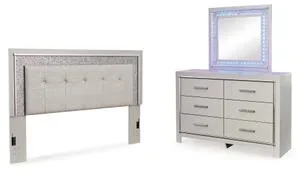 Zyniden King Upholstered Panel Headboard, Dresser and Mirror